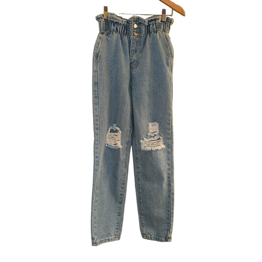 Shein Women's High Rise Cotton Elastic Waist Distressed Denim Jeans Size XS Blue